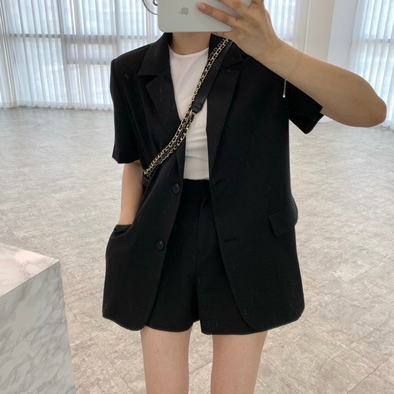 Side Pocket Button Down Blazer Top & Side Pocket Garter Shorts Terno Set Coords