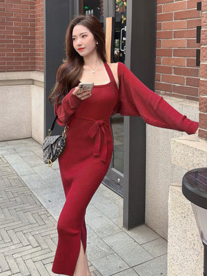 Side Split Halter Neck Crossbody Self Tie Knitted Dress & Long Sleeve Cover-up Knitted Top