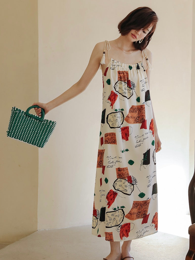 Fun Print Tassel Shoulder Summer Beach Dress