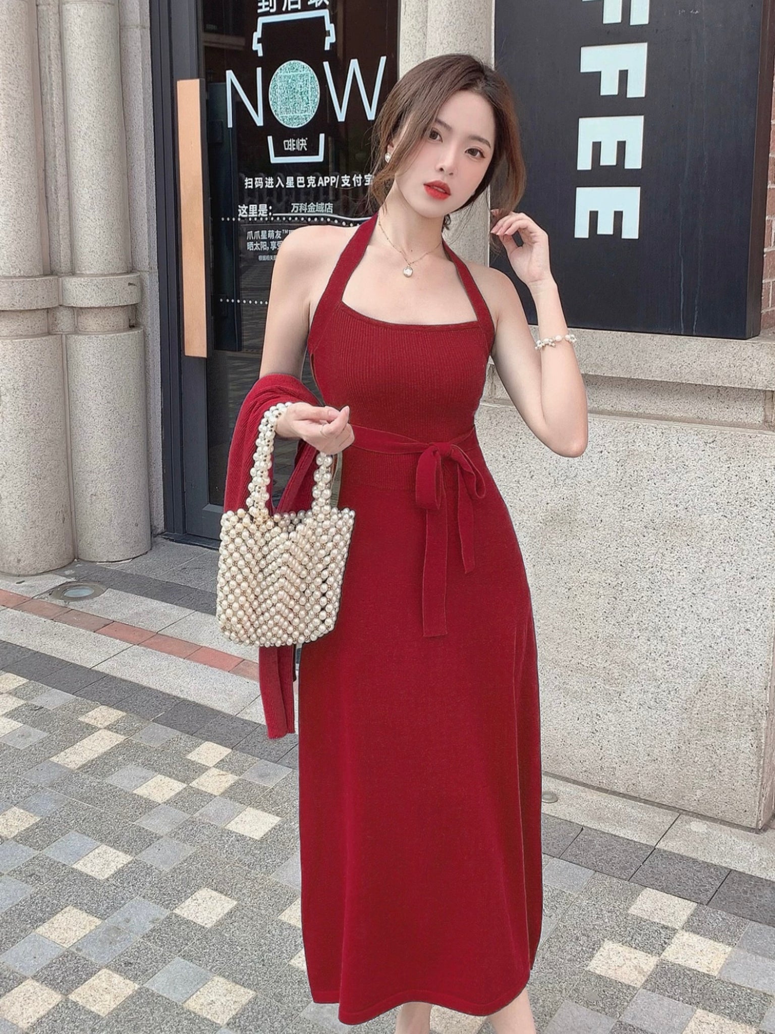 Side Split Halter Neck Crossbody Self Tie Knitted Dress & Long Sleeve Cover-up Knitted Top