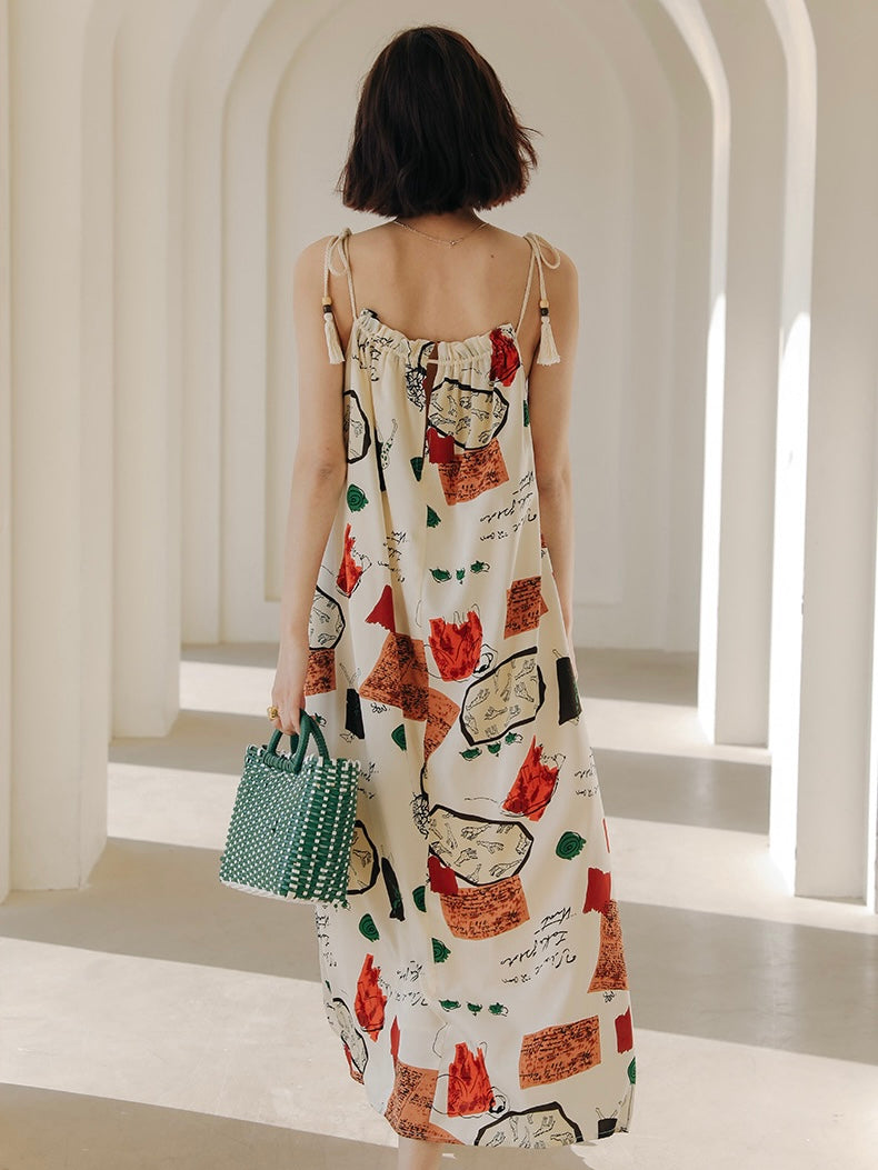 Fun Print Tassel Shoulder Summer Beach Dress