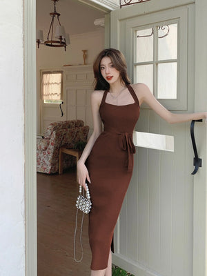 Side Split Halter Neck Crossbody Self Tie Knitted Dress & Long Sleeve Cover-up Knitted Top