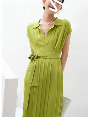 Collar Neck Ribbed Pattern Self Belt Oversize Knitted Dress