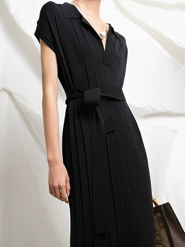 Collar Neck Ribbed Pattern Self Belt Oversize Knitted Dress