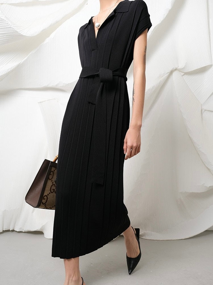 Collar Neck Ribbed Pattern Self Belt Oversize Knitted Dress