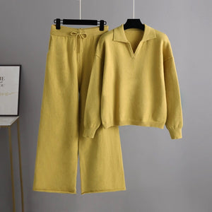 Collar Neck Long Sleeve Top & Wide Leg Drawstring Garter Side Pocket Pants Knitted Terno Set