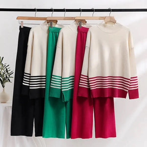 Turtle Neck Side Slit Stripe Long Sleeve Top & Wide Leg Pants Oversize Knitted Terno Set Coords