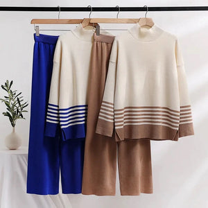 Turtle Neck Side Slit Stripe Long Sleeve Top & Wide Leg Pants Oversize Knitted Terno Set Coords