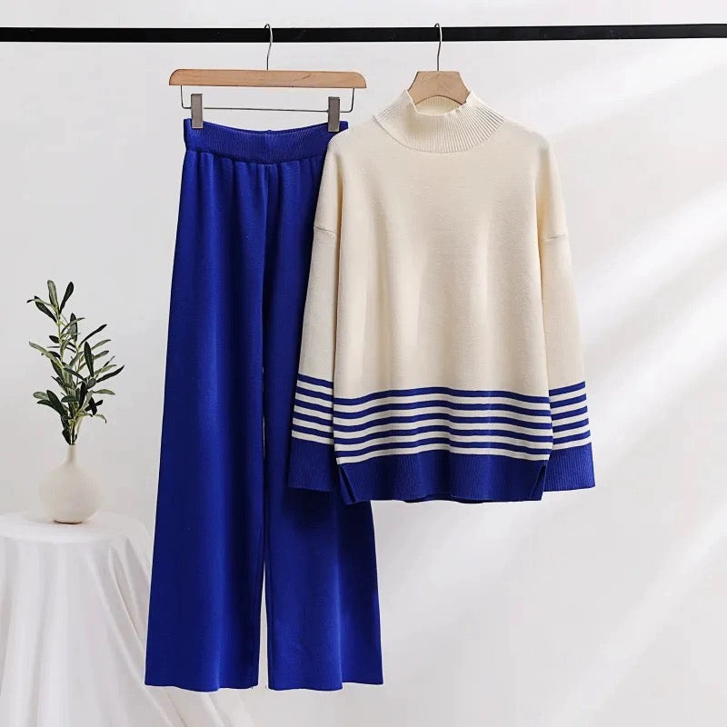 Turtle Neck Side Slit Stripe Long Sleeve Top & Wide Leg Pants Oversize Knitted Terno Set Coords