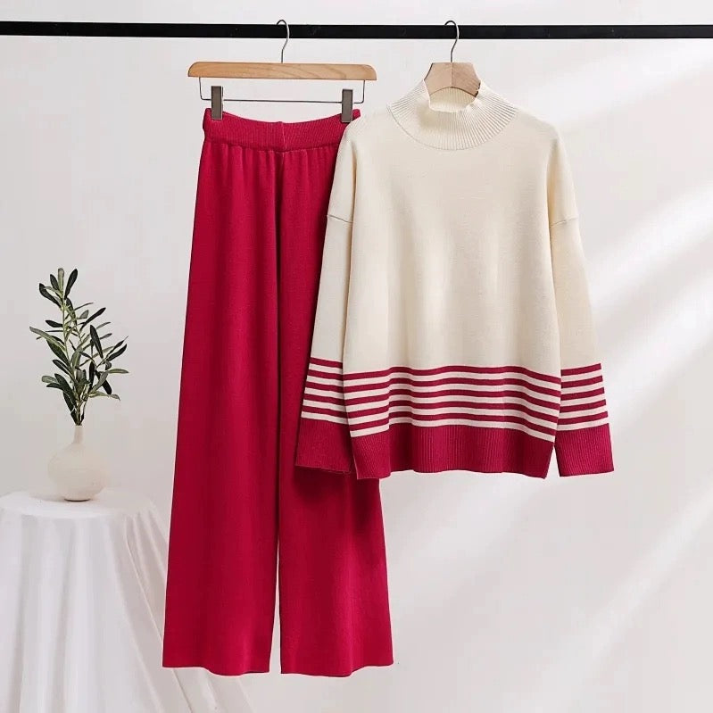 Turtle Neck Side Slit Stripe Long Sleeve Top & Wide Leg Pants Oversize Knitted Terno Set Coords