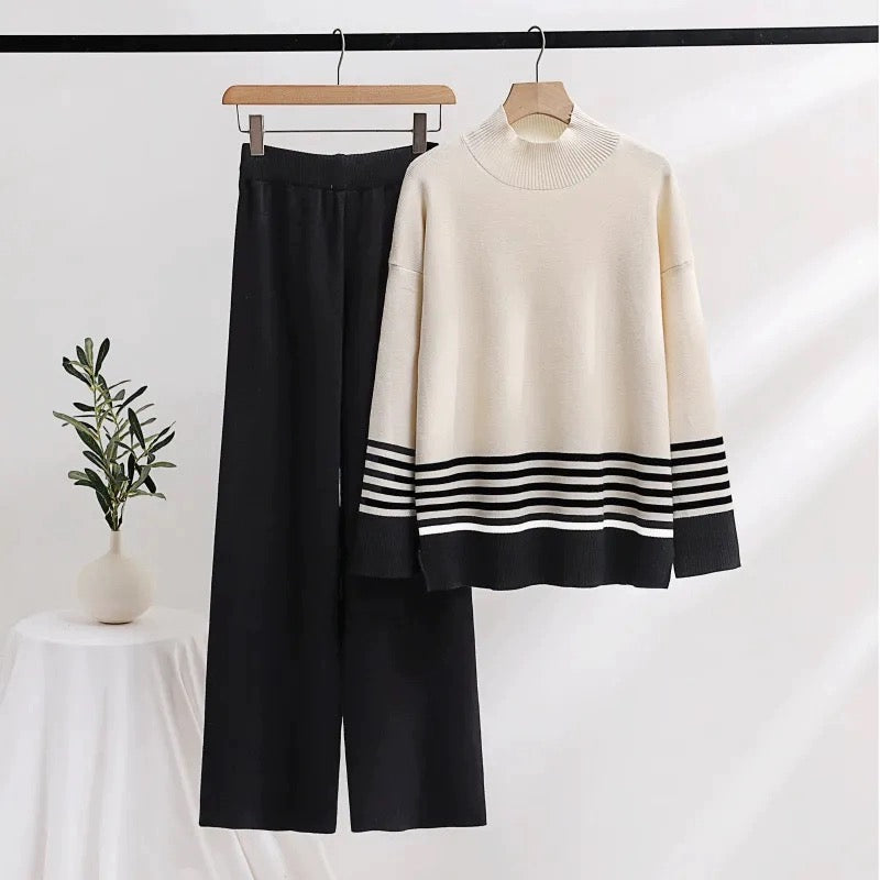 Turtle Neck Side Slit Stripe Long Sleeve Top & Wide Leg Pants Oversize Knitted Terno Set Coords