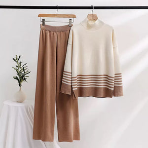 Turtle Neck Side Slit Stripe Long Sleeve Top & Wide Leg Pants Oversize Knitted Terno Set Coords