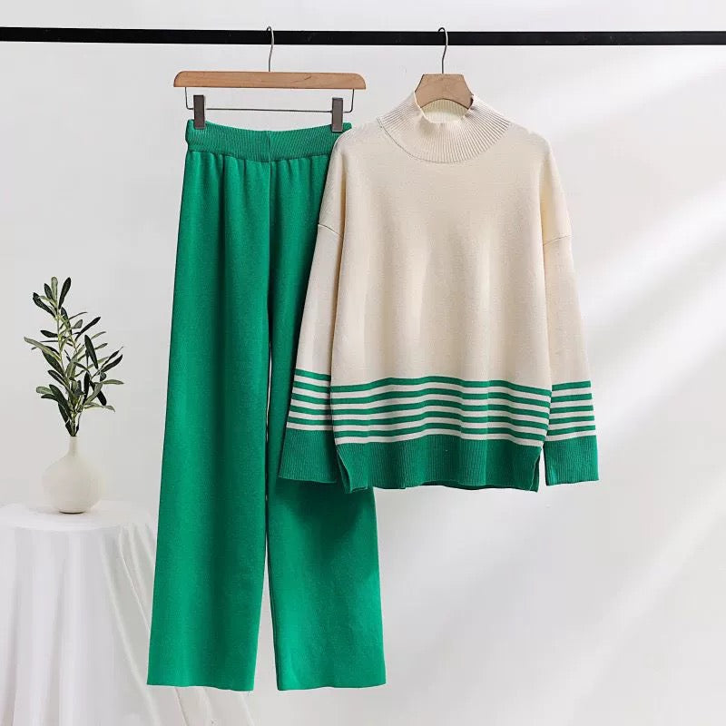 Turtle Neck Side Slit Stripe Long Sleeve Top & Wide Leg Pants Oversize Knitted Terno Set Coords