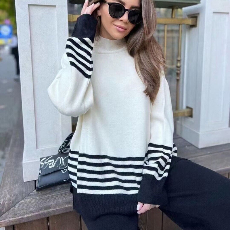 Turtle Neck Side Slit Stripe Long Sleeve Top & Wide Leg Pants Oversize Knitted Terno Set Coords