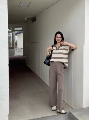 Stripe Collar V-neck Batwing Sleeve Top &amp; Wide Leg Pants 2 in 1 Oversize Knitted Coords Terno Set