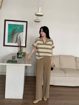 Stripe Collar V-neck Batwing Sleeve Top &amp; Wide Leg Pants 2 in 1 Oversize Knitted Coords Terno Set