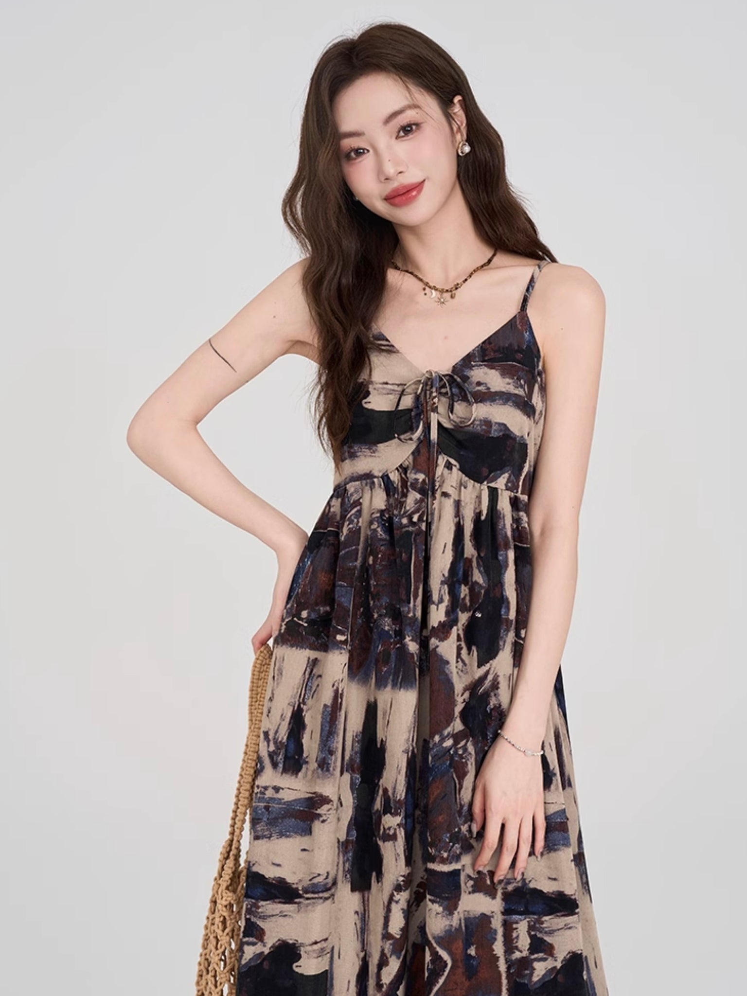 Elastic Drawstring V-neck Multi Stylish Print Cami Dress