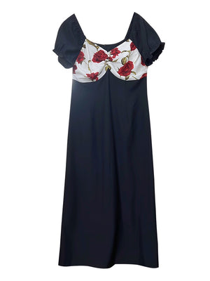 Elastic Sleeve Floral Combo Plus Size Dress