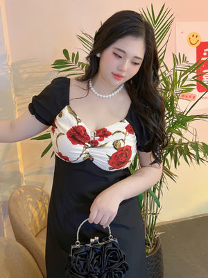 Elastic Sleeve Floral Combo Plus Size Dress