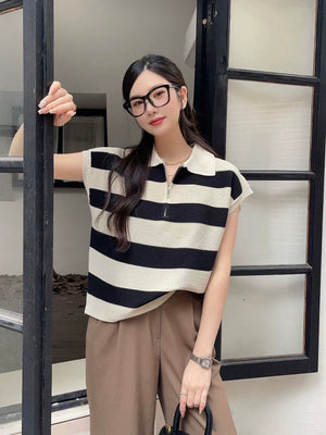 Zipper-up Collar Neck Stripe Pattern Oversize Knitted Top