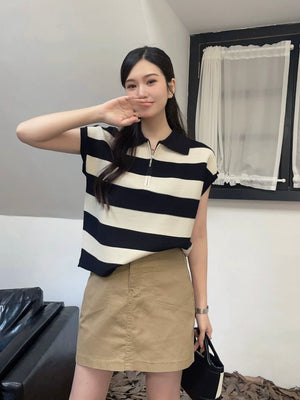 Zipper-up Collar Neck Stripe Pattern Oversize Knitted Top