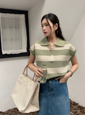 Zipper-up Collar Neck Stripe Pattern Oversize Knitted Top