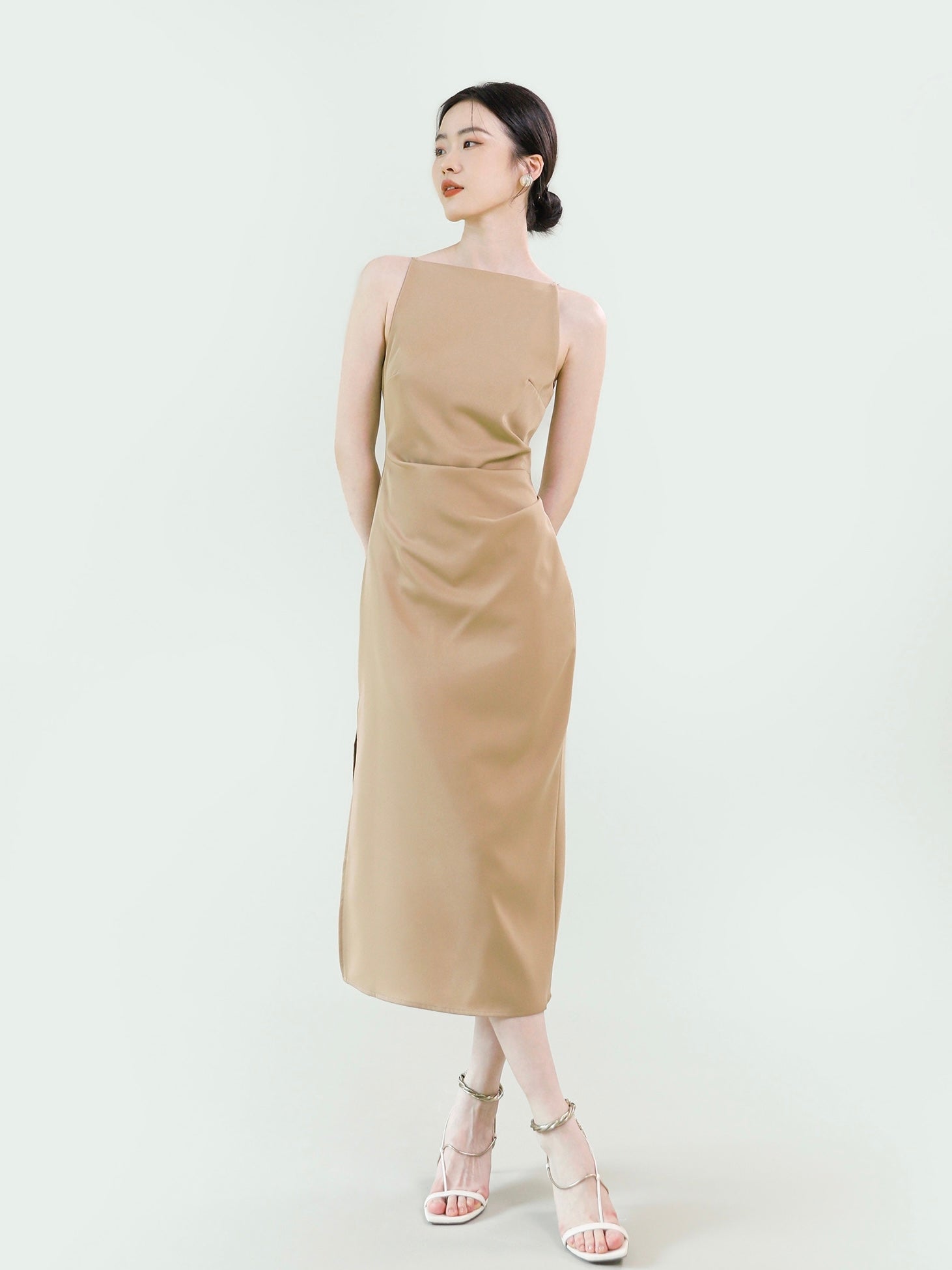 Elegant Side Ruched & Slit Halter Neckline Sleeveless Cami Dress