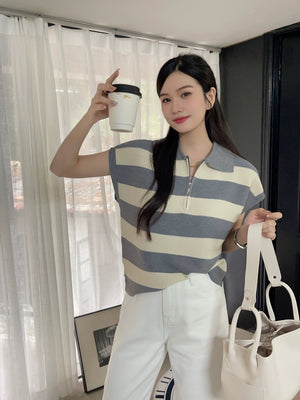 Zipper-up Collar Neck Stripe Pattern Oversize Knitted Top