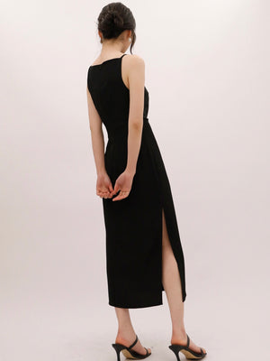 Elegant Side Ruched & Slit Halter Neckline Sleeveless Cami Dress