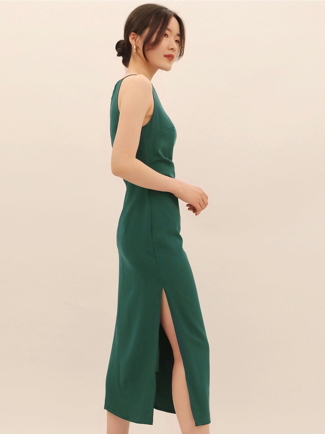 Elegant Side Ruched & Slit Halter Neckline Sleeveless Cami Dress