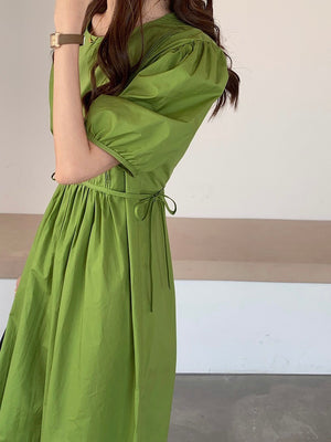 Side Pleated Elastic Sleeve Drawstring Waist Solid Loose Dress