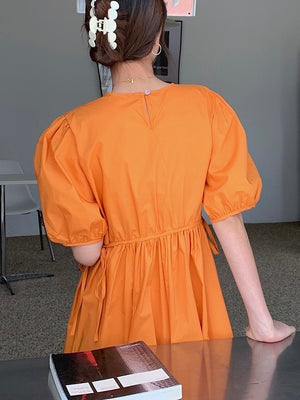 Side Pleated Elastic Sleeve Drawstring Waist Solid Loose Dress