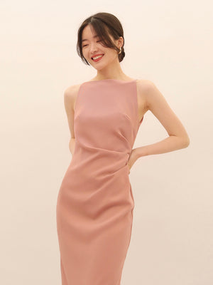 Elegant Side Ruched & Slit Halter Neckline Sleeveless Cami Dress