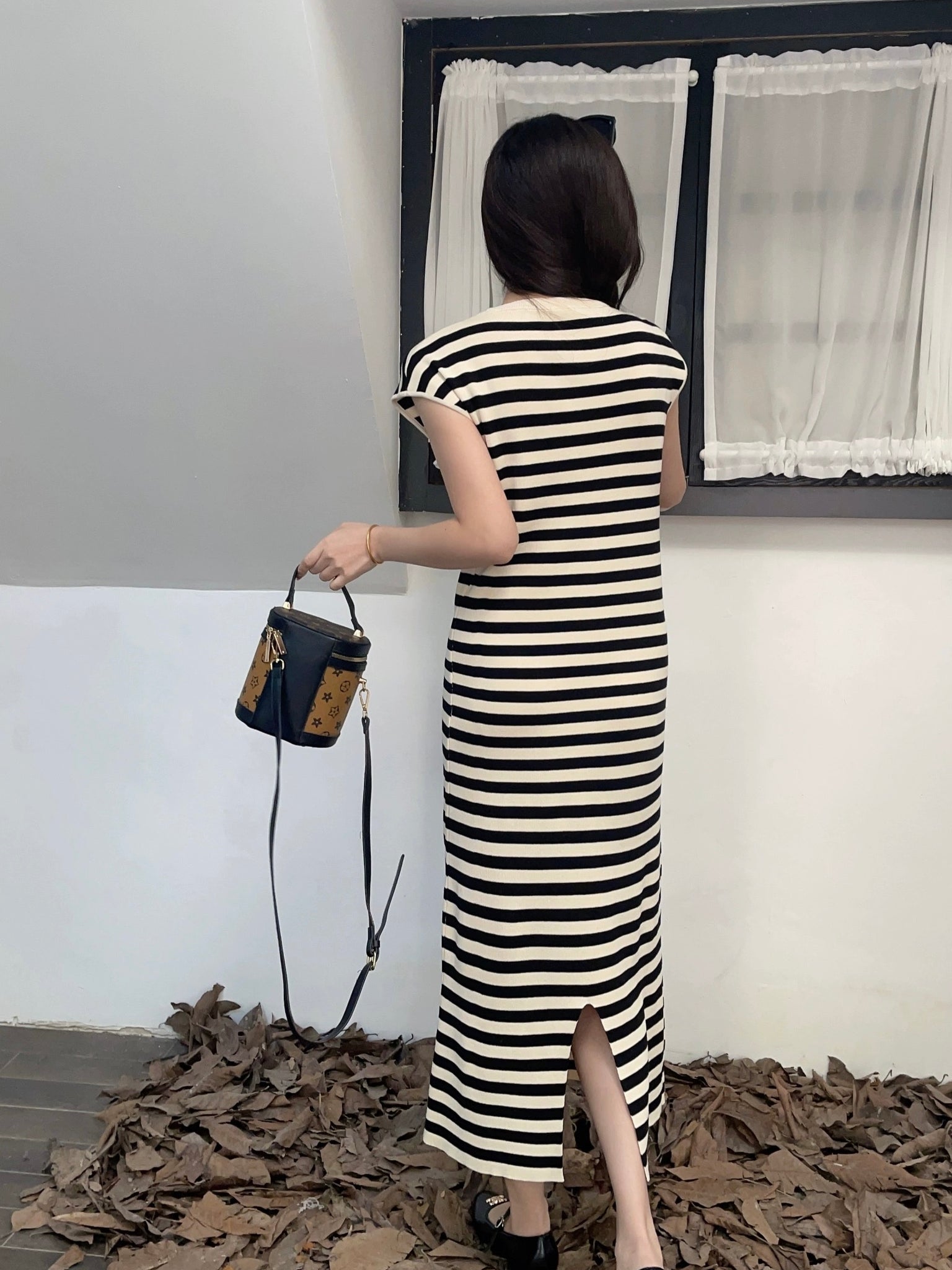 Slit Back Round Neck Stripe Knitted Dress