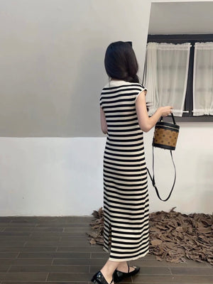 Slit Back Round Neck Stripe Knitted Dress