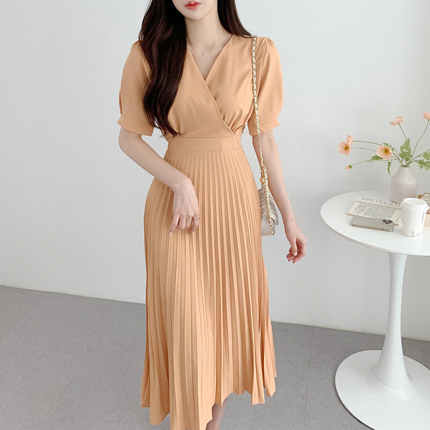 Surplice V-neck Puff Sleeve Back Zipper Pleated Dress