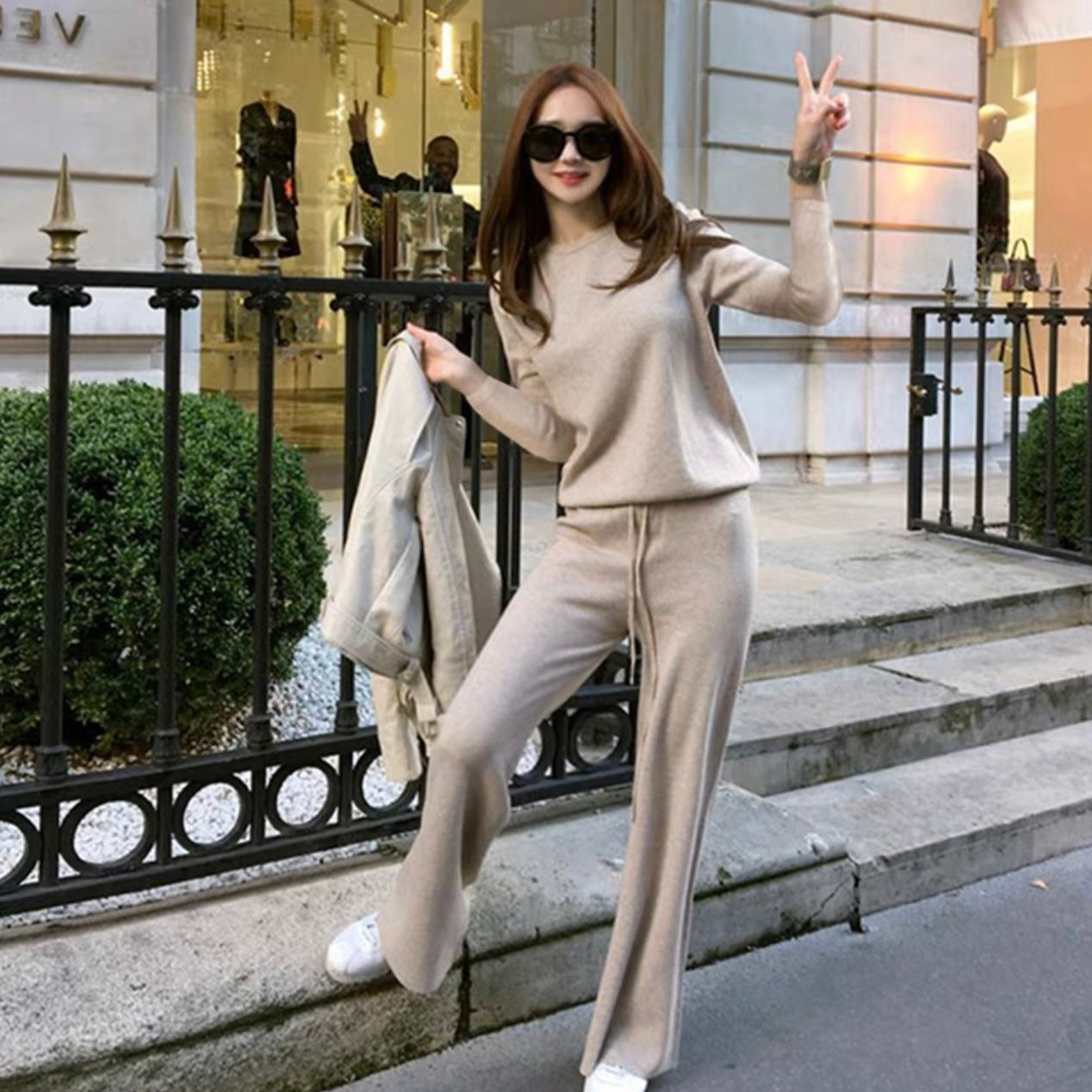 Long Sleeve Top & Drawstring Pants 2 in 1 Knitted Coords Terno Set