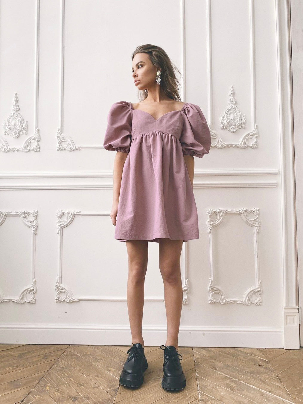 Puff Sleeve Sweetheart Neck Babydoll Dress