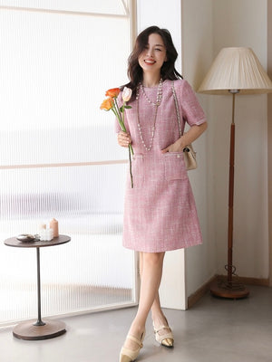 Tweed Elegant Dress w/ Pearl Detail Side Pockets