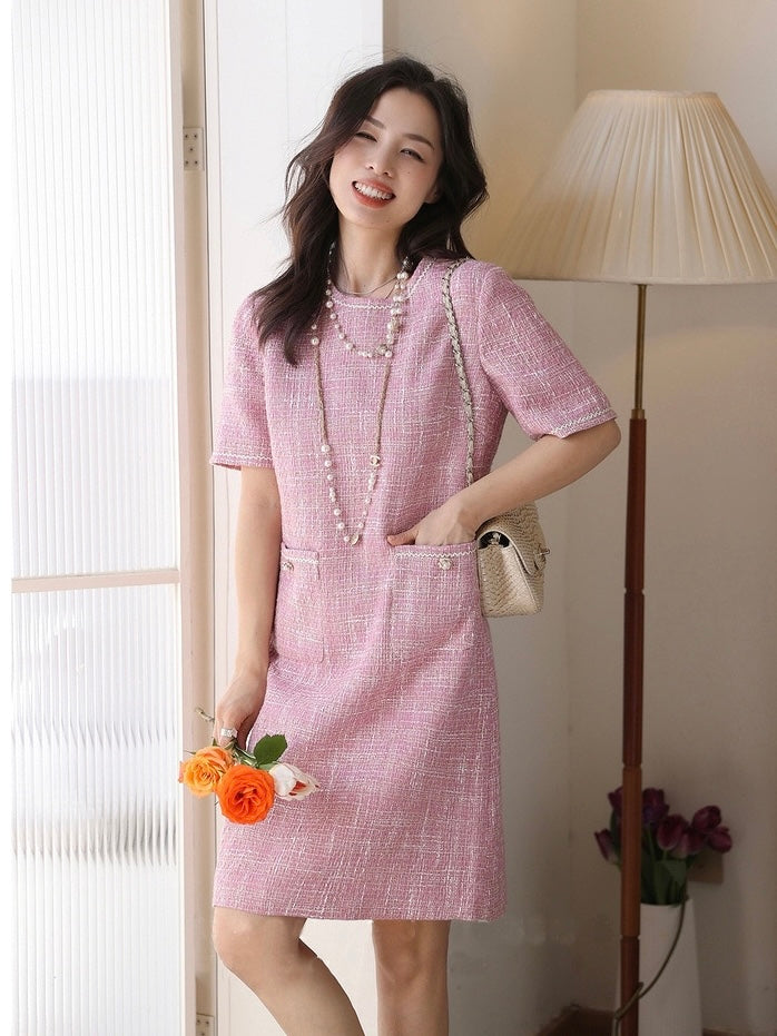 Tweed Elegant Dress w/ Pearl Detail Side Pockets