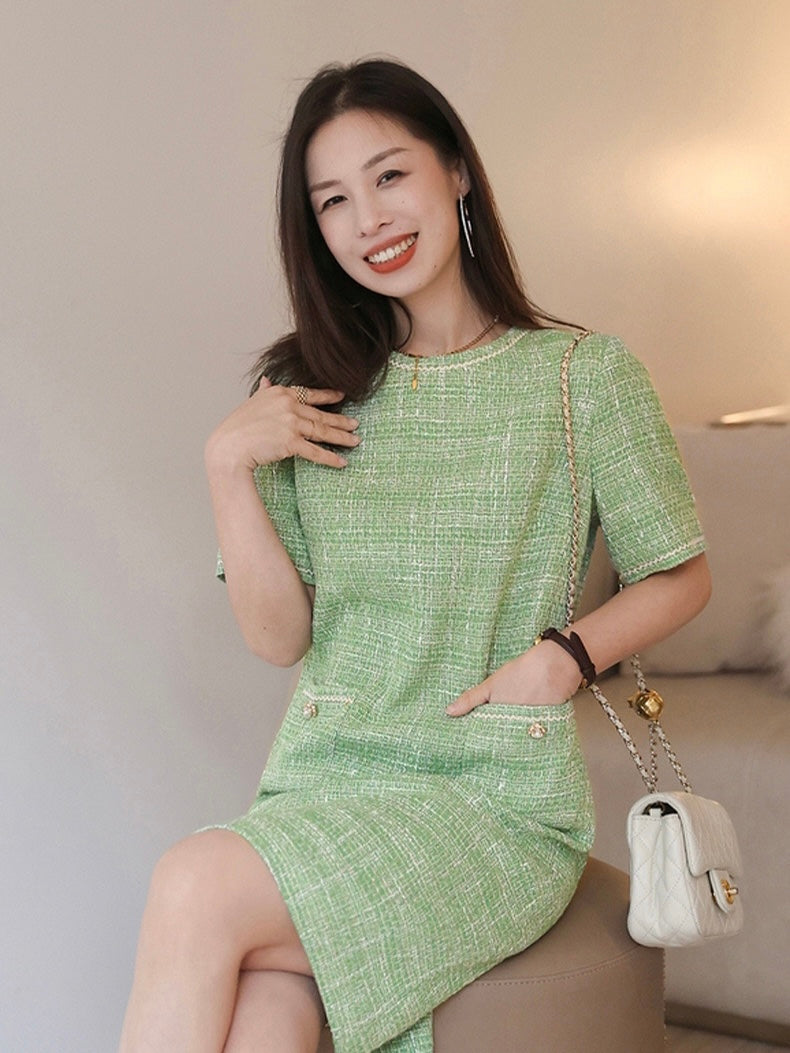 Tweed Elegant Dress w/ Pearl Detail Side Pockets