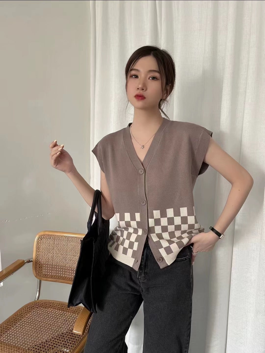 Button Down 2 Tone Checker Pattern Oversize Knitted Top