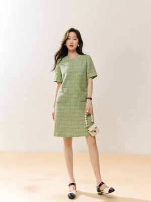 Tweed Elegant Dress w/ Pearl Detail Side Pockets