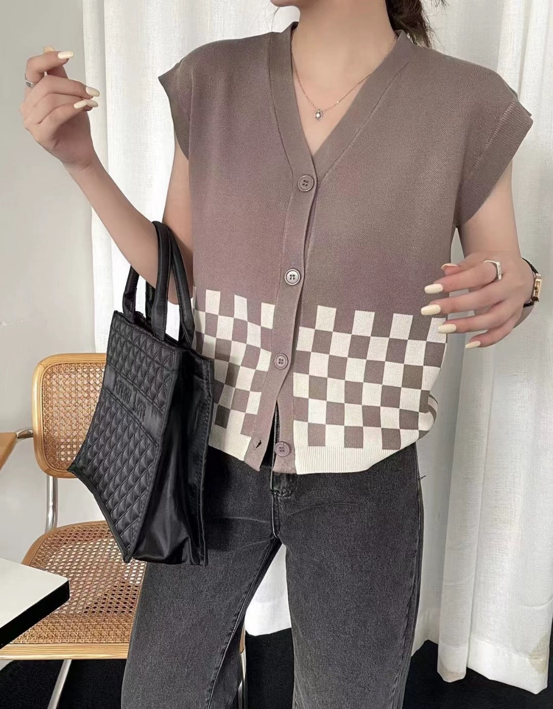 Button Down 2 Tone Checker Pattern Oversize Knitted Top