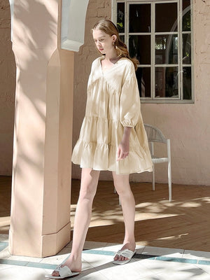 V-neck Long Sleeve Flounce Oversize Babydoll Dress