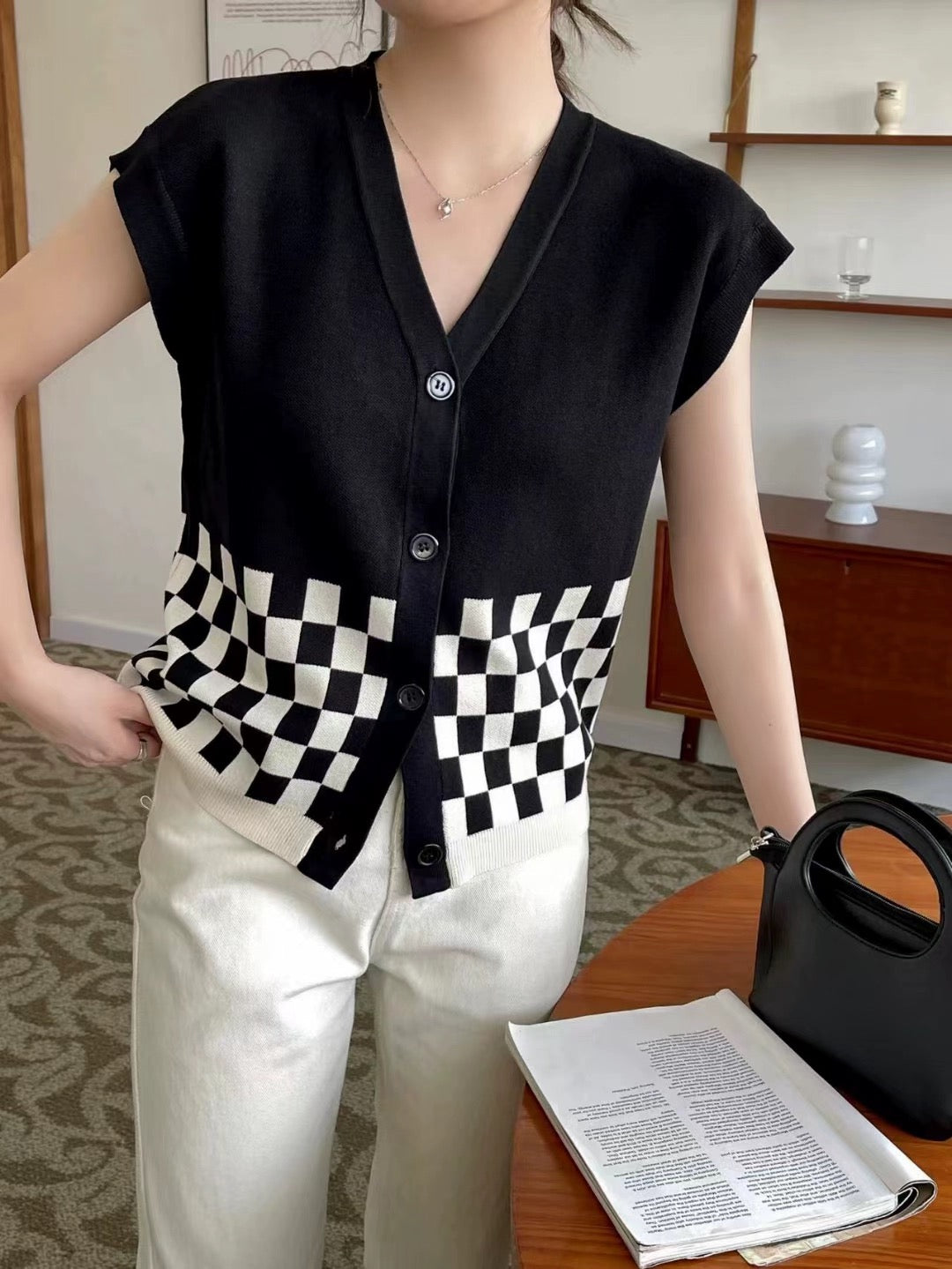 Button Down 2 Tone Checker Pattern Oversize Knitted Top