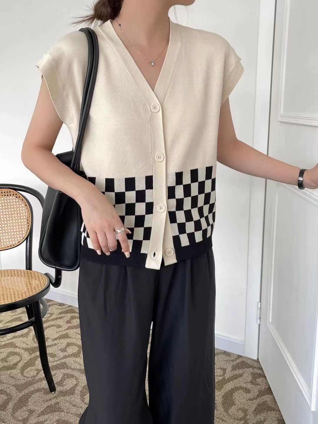 Button Down 2 Tone Checker Pattern Oversize Knitted Top