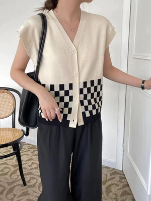 Button Down 2 Tone Checker Pattern Oversize Knitted Top