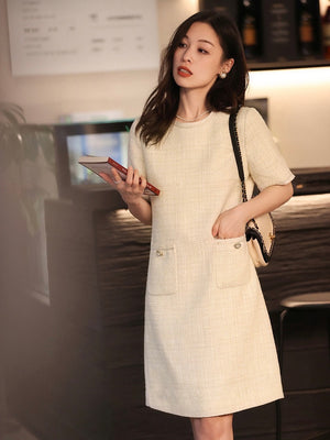 Tweed Elegant Dress w/ Pearl Detail Side Pockets