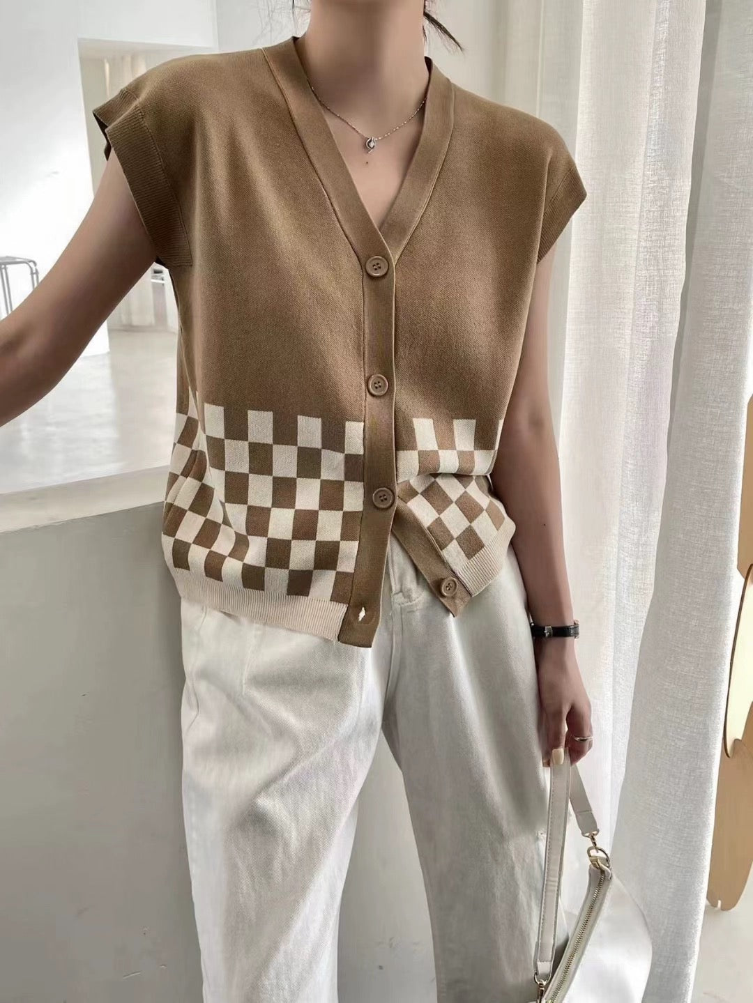 Button Down 2 Tone Checker Pattern Oversize Knitted Top